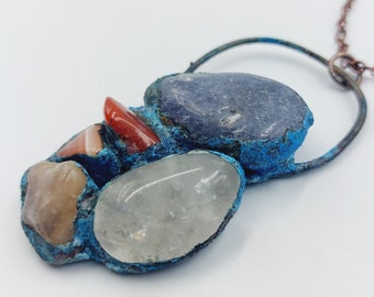 Electroformed Experimental Crystal Cluster Necklace with Iolite, Dendrite Opalite & Carnelian Crystal (Copper)
