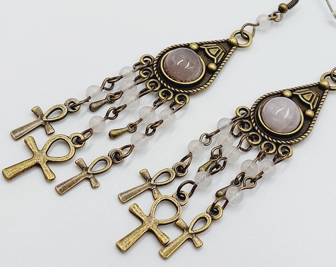Egyptian Ankh Earrings with Rose Quartz Crystal