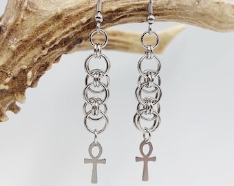 Egyptian Ankh Earrings (Stainless Steel Chainmail Style)