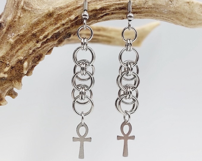 Egyptian Ankh Earrings (Stainless Steel Chainmail Style)