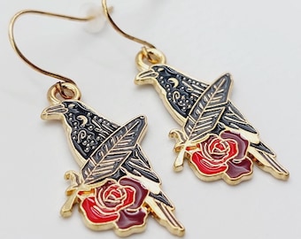 Crow Earrings with Black & Red Enamel