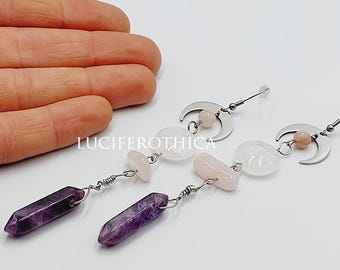 Crystal Witch Earrings (Amethyst - Moonstone - Mountain Quartz - Stainless Steel)