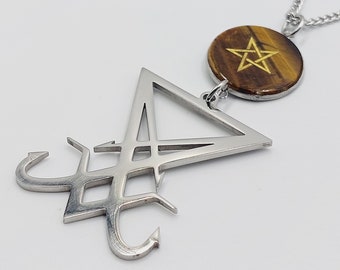 Stainless Steel Sigil of Lucifer Pendant with Tigereye Crystal