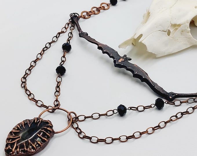 Vampire Bat Necklace with Labradorite Crystal (Electroformed Copper)