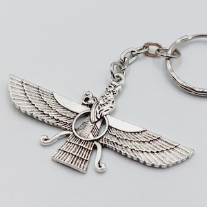 Zoroastrian Keychain - Ahura zoroastrianism zohar faravahar fravashi ahura mazda Farr-e Kiyani zoroaster sumerian gift charm anu silver tone
