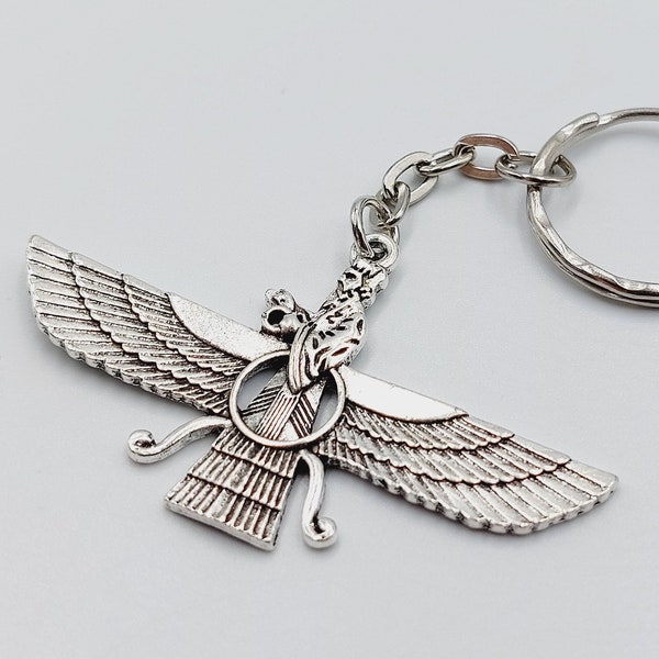 Zoroastrian Keychain - Ahura zoroastrianism zohar faravahar fravashi ahura mazda Farr-e Kiyani zoroaster sumerian gift charm anu silver tone