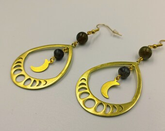 Salem Crescent Moon Phase Witch Earrings with Labradorite