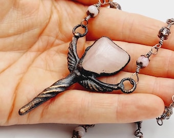 Rose Quartz Crystal Goddess Necklace (Electroformed Copper)