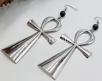 Large Egyptian Ankh Earrings with Labradorite Crystal