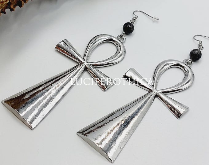 Large Egyptian Ankh Earrings with Labradorite Crystal