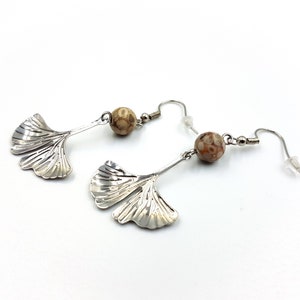 Ginkgo Leaf Earrings with Maifan Stones (Maifanite) - ginkgo biloba jewelry maifanite gemstones natural leaf earrings