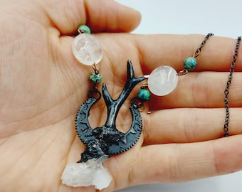 Electroformed Antler Necklace with Crystal Quartz & African Turquoise (Copper)