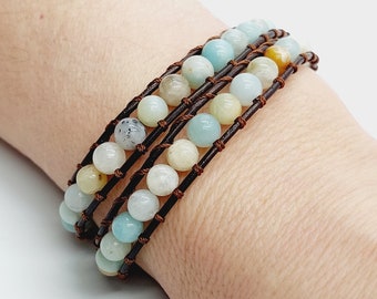 Amazonite Crystal Leather Bracelet (Wrap Around)