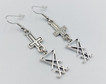 Mini Sigil of Lucifer Inverted Cross Earrings