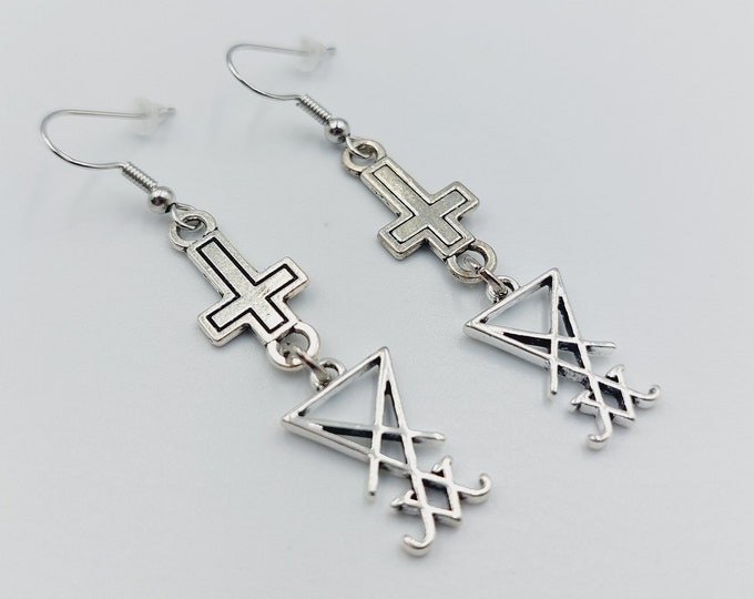 Mini Sigil of Lucifer Inverted Cross Earrings