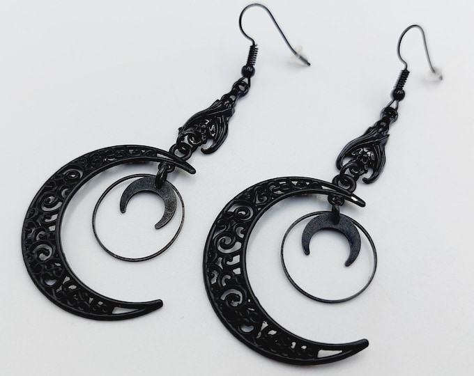 Sleeping Vampire Bat Crescent Moon Earrings