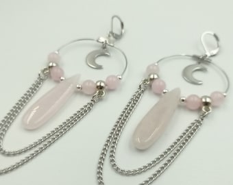 Crescent Moon Rose Quartz Crystal Earrings