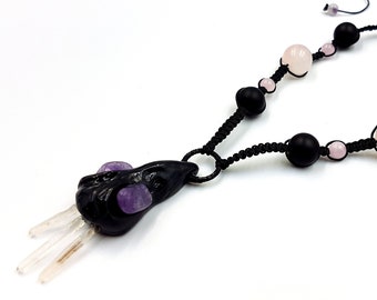 Gemstone Crow Skull Witch Necklace (Rose Quartz, Mat Agate & Crystal)