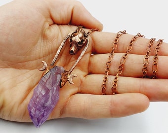 Electroformed Triple Moon Skull Necklace with Amethyst Crystal (Copper)