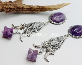 Crescent Moon Merkaba Amethyst Plugs/Earrings