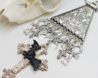 Traditional Gothic Cross Neckpiece with Bats and Ankhs