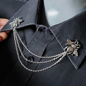 Bee Collar Pin in Silver Tone - Triple Honey Bee Chain Pin Gothic Collar Shirt Choker Beaded chain Bee Hive Masonic Brooch beekeeper gift