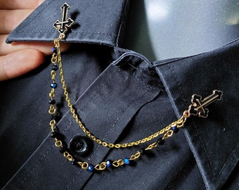 Inverted Cross Collar Pin in GoldTone & Black Enamel