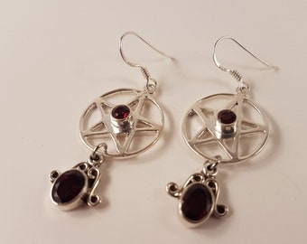 Garnet Pentagram Earrings ( Sterling Silver 925 )