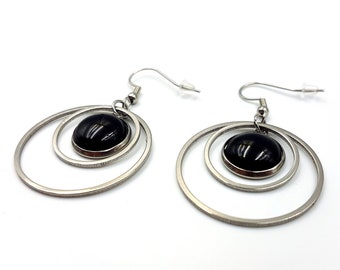 Stainless Steel Gemstone Ring Earrings (Amethyst or Black Agate)