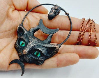 Witches Companion Necklace ( Horned Cat & Crescent Moons - Electroformed Copper)