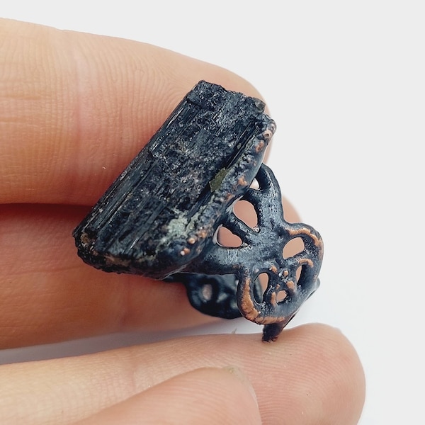 Raw Black Tourmaline Ring (Electroformed Copper)  electroforming raw amethyst gemstone witch gift warlock occult magick power ritual jewelry