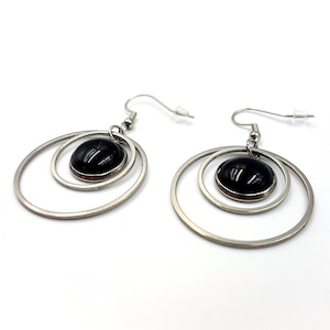 Stainless Steel Gemstone Ring Earrings (Amethyst or Black Agate) - gemstone gothic spiritual circle in circle ring gothic earrings