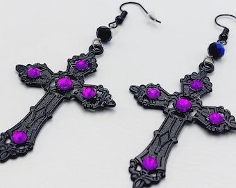 ictorian Black Gothic Cross Earrings with Purple Rhinestones