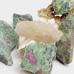Ruby in Zoisite Crystal Composition (5 Pieces Available) AAA+ Rough Ruby Zoisite Stone, Fluorescent in UV Light natural green red altar gift