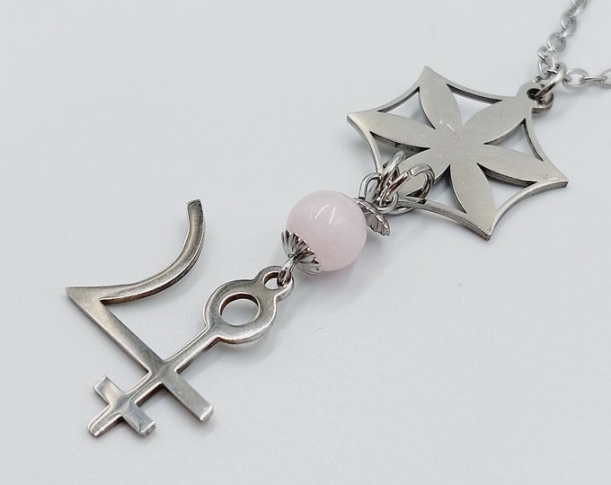 Aphrodite & Cupid Necklace with Rose Quartz (Stainless Steel)