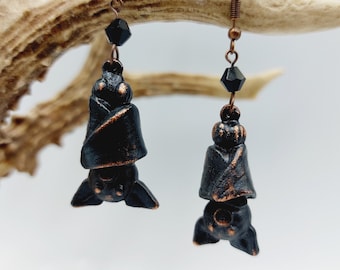 Electroformed Sleeping Bat Earrings (Copper)