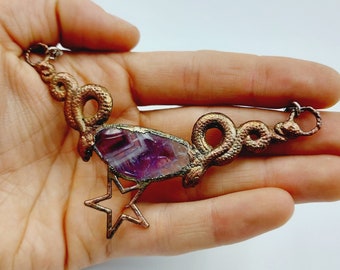 Electroformed Double Serpent Pentagram Necklace with Amethyst Crystal (Copper)