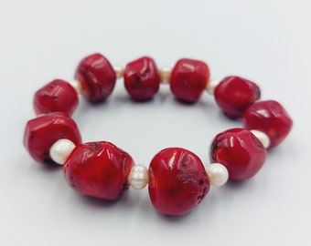 Vintage Red Coral Bracelet with Abalone Shell Pearls