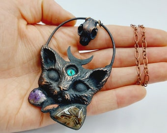 Electroformed Third Eye Cat Pendant with Goldstone, Agate & Chaorite Crystal (Copper)