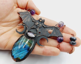 Gothic Bat Necklace with Labradorite & Amethyst Crystal (Electroformed Copper)