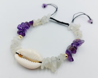 Cowrie Shell Bracelet with Amethyst and Crystal Quartz