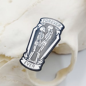 Gothic Love Pin - Forever & Ever - Coffin Tombstone Skeleton cemetery brooch lapel pin stud gothic button gift skully white black enamel