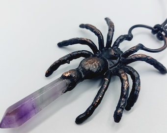 Araneae Spider Necklace with Amethyst Crystal Hexagonal Shard (Electroformed Copper)