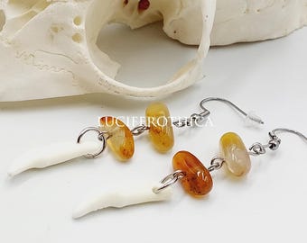 Fox Tooth Earrings with Red Agate Crystal