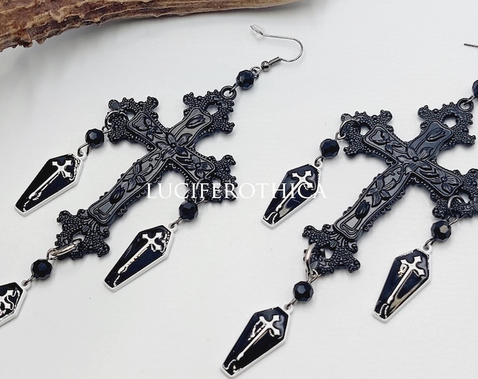 Gothic Cross Triple Coffin Earrings