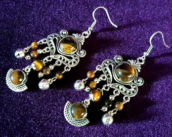 Tiger Eye Crystal Earrings with Mini Bells