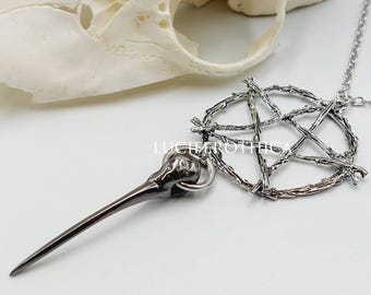 Long Beak Raven Skull Pentacle Necklace