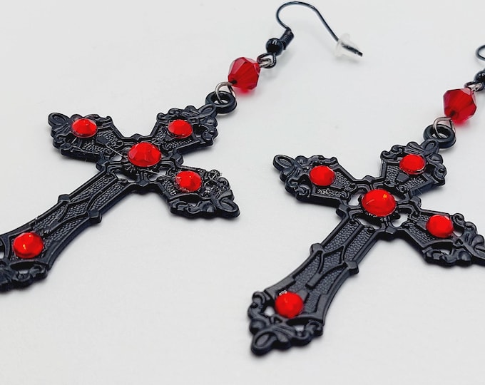 ictorian Black Gothic Cross Earrings with Purple Rhinestones