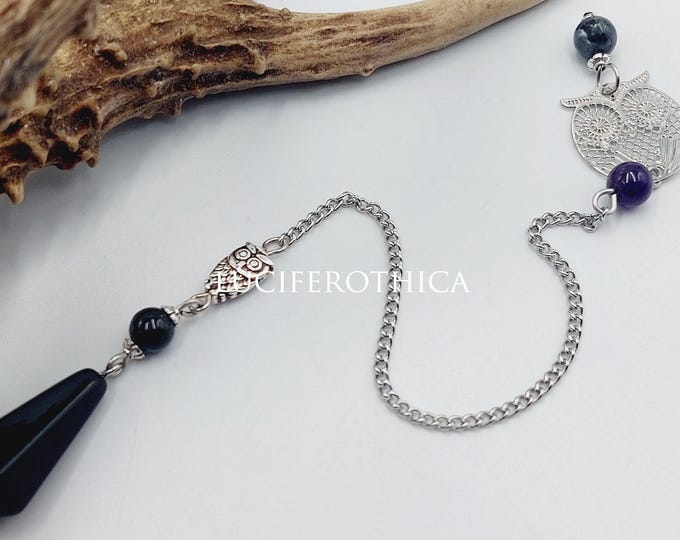 Stolas Owl Obsidian Pendulum with Amethyst, Labradorite & Astrophylite Crystal