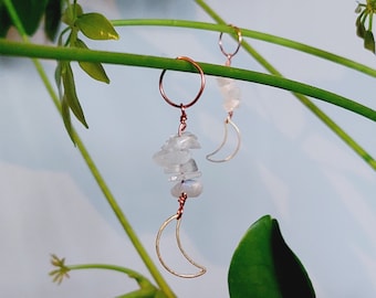 Moonstone Crystal Plant Charms with Crescent Moon (Copper Energetic Plant Accessories)